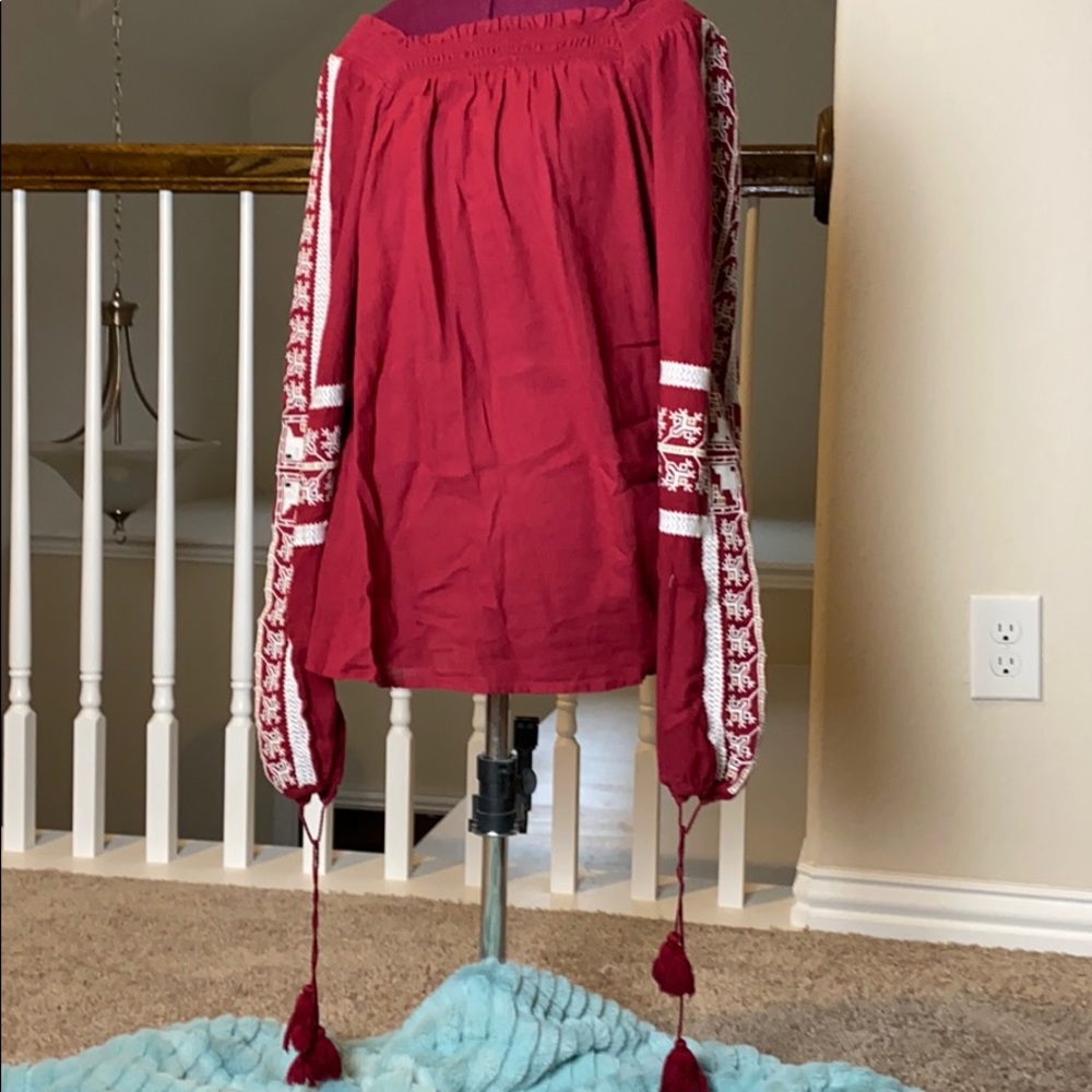 Wine color tassel embroidered top